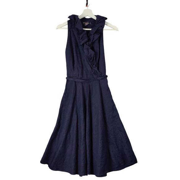 American Living Dresses & Skirts - American Living Linen Midi Dress Ruffle Sleeveless Fit & Flare Navy Womens 6
